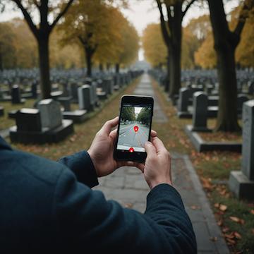 man with navigator in cemetery